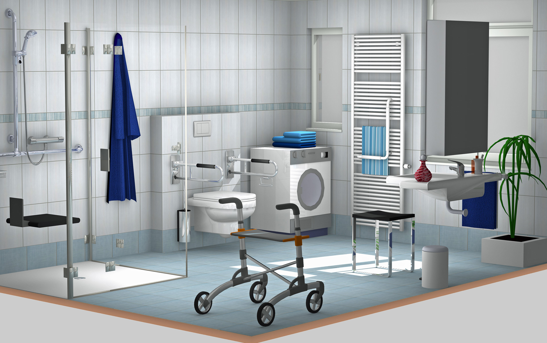 Das 3D-Bild zeigt ein barrierefreies Bad mit bodenebener Dusche, Duschklappsitz, Waschtisch mit Beinfreiheit und Hocker, einem WC mit Stützklappgriffen sowie einem Rollator.