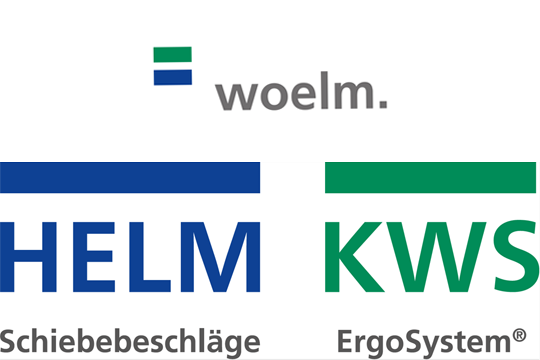 Logo von Woelm mit Schriftzug Helm Schiebebeschläge und KWS ErgoSystem